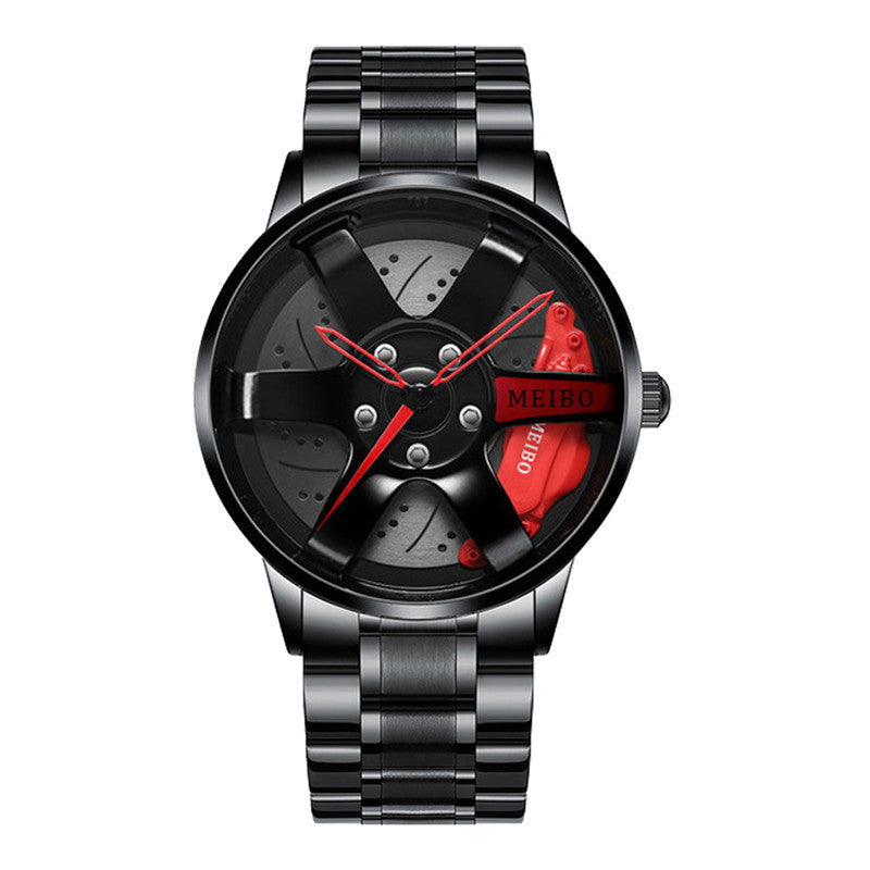 MEIBO Spinning Rim Watch Men | 3D Black Wheel Dial Red Brake Caliper | All Black Steel Bracelet | Car Enthusiast Racing Watch
