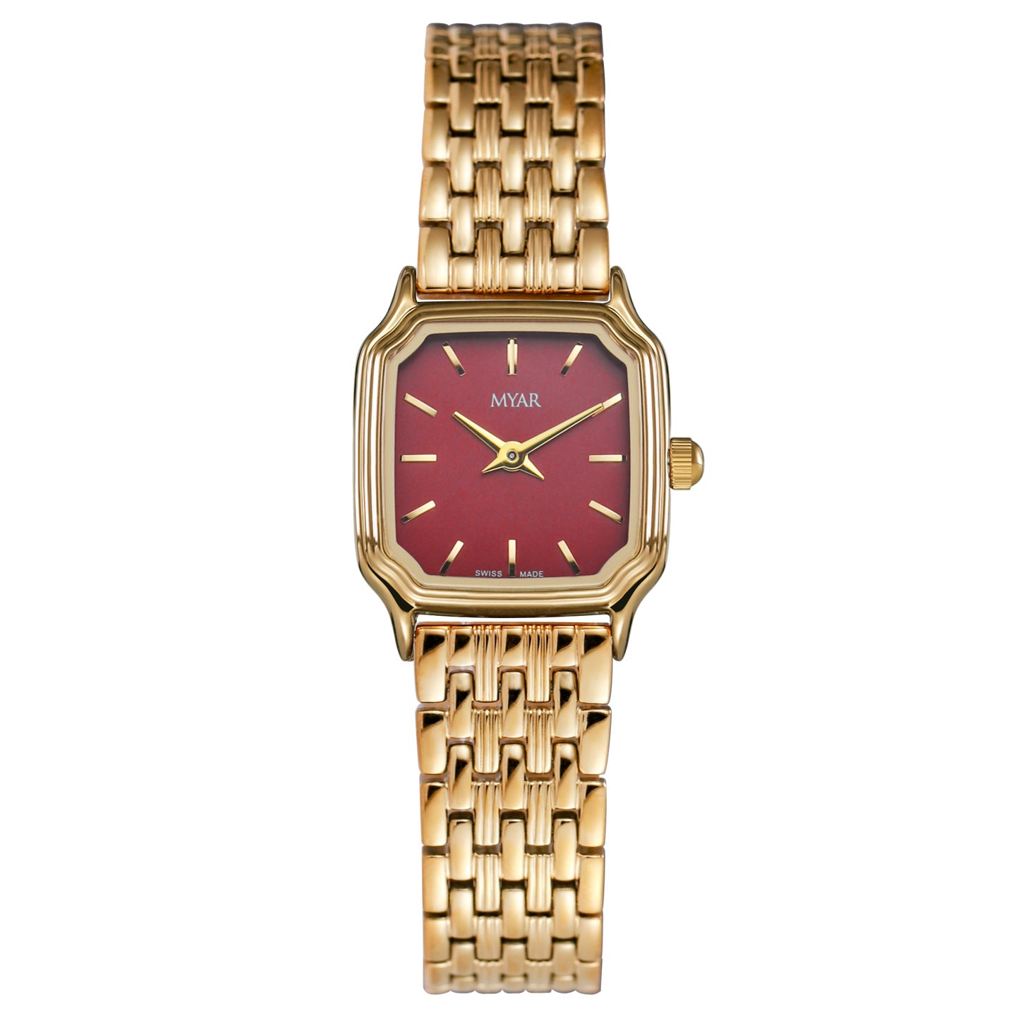 MYAR Swiss Made Women's Watch | Burgundy Red Dial | Gold Square Case | Luxury Panther Link Bracelet | Ladies Elegant Dress Watch | UAE