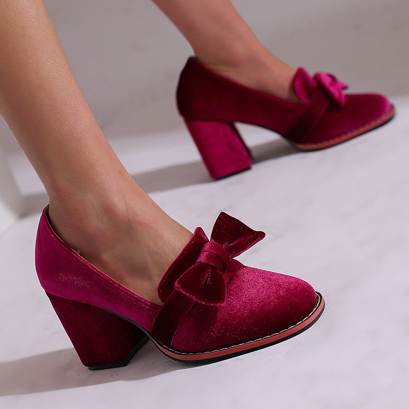Magenta Velvet Bow Loafer Block Heel Pumps | Women's Round Toe Slip-On Chunky Heel Shoes | Luxury Velvet Party Heels