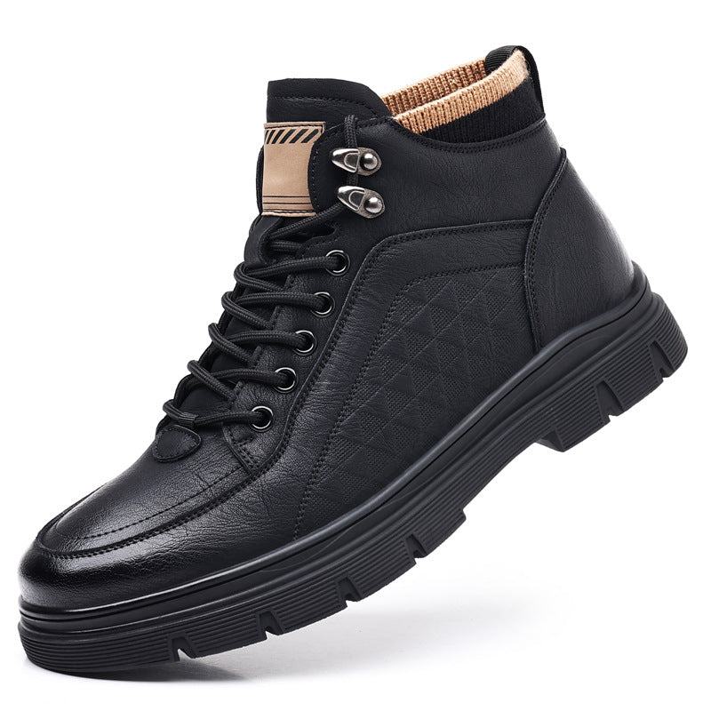 Men's Black High Top Leather Boots | Quilted Lace Up Ankle Boot Chunky Sole | Winter Casual Outdoor Fashion Boot