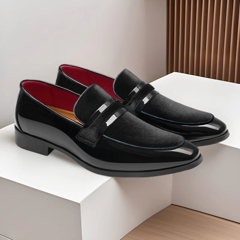 Men's Black Patent Leather & Velvet Loafers | Red Lining Silver Bar Strap Luxury Formal Dress Shoes