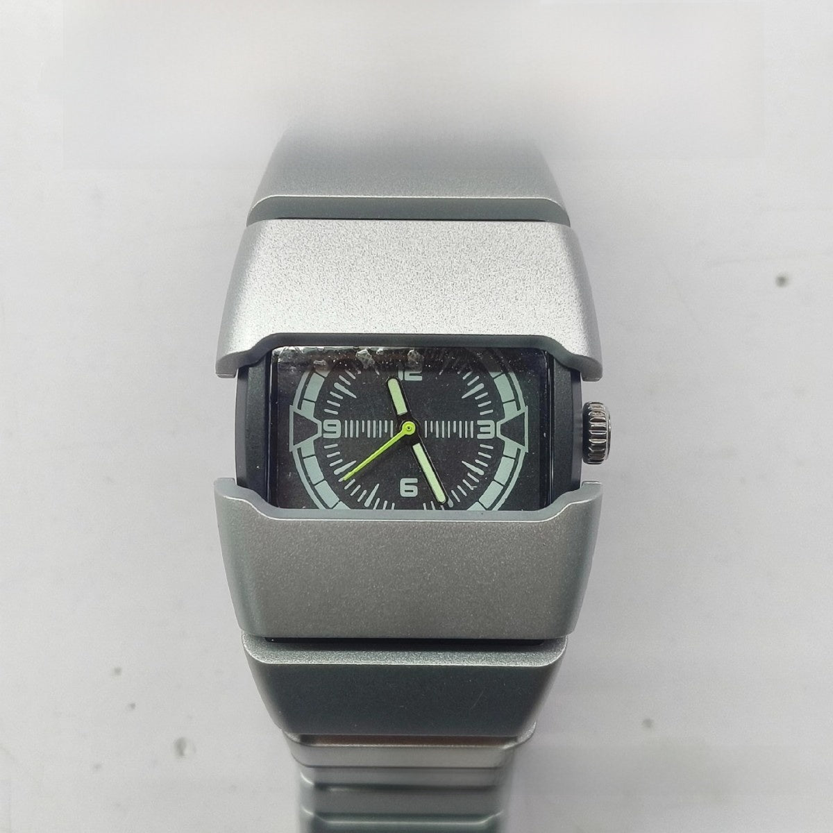 Men's Futuristic Wide Rectangular Watch | Matte Silver Aluminum Case Black Dial Neon Green Hands | Diesel Style Techwear Sport Timepiece