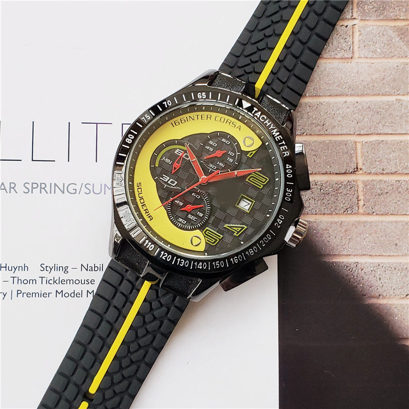 Men's Scuderia Racing Chronograph Watch | 166 Inter Corsa Tachymeter Black Yellow Carbon Dial | Red Hands Date Rubber Strap Sport Timepiece