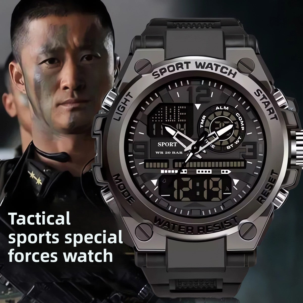 Men's Tactical Sport Watch | Dual Display Digital Analog Military Watch with Alarm, Timer, Compass & 20 BAR Water Resistance