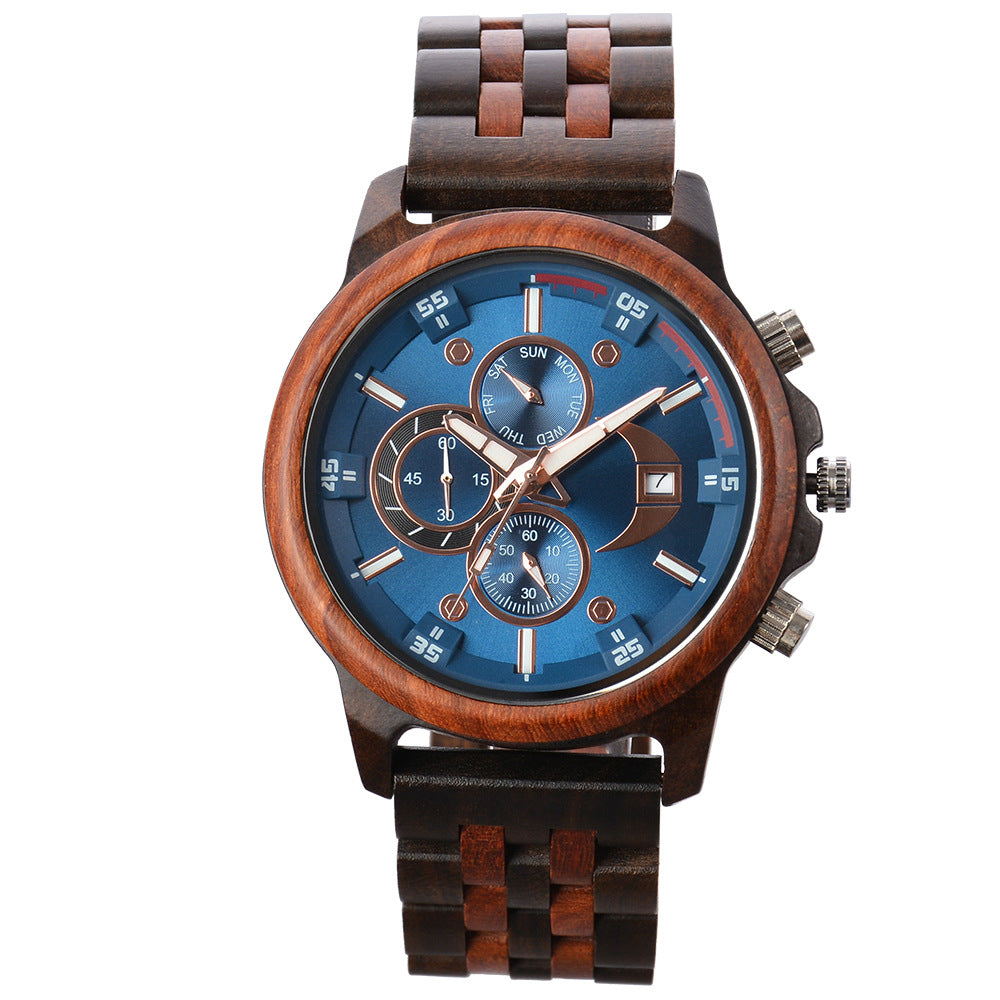 Men's Wooden Chronograph Watch | Blue Dial Rose Gold Sandalwood Day Date Sport Watch