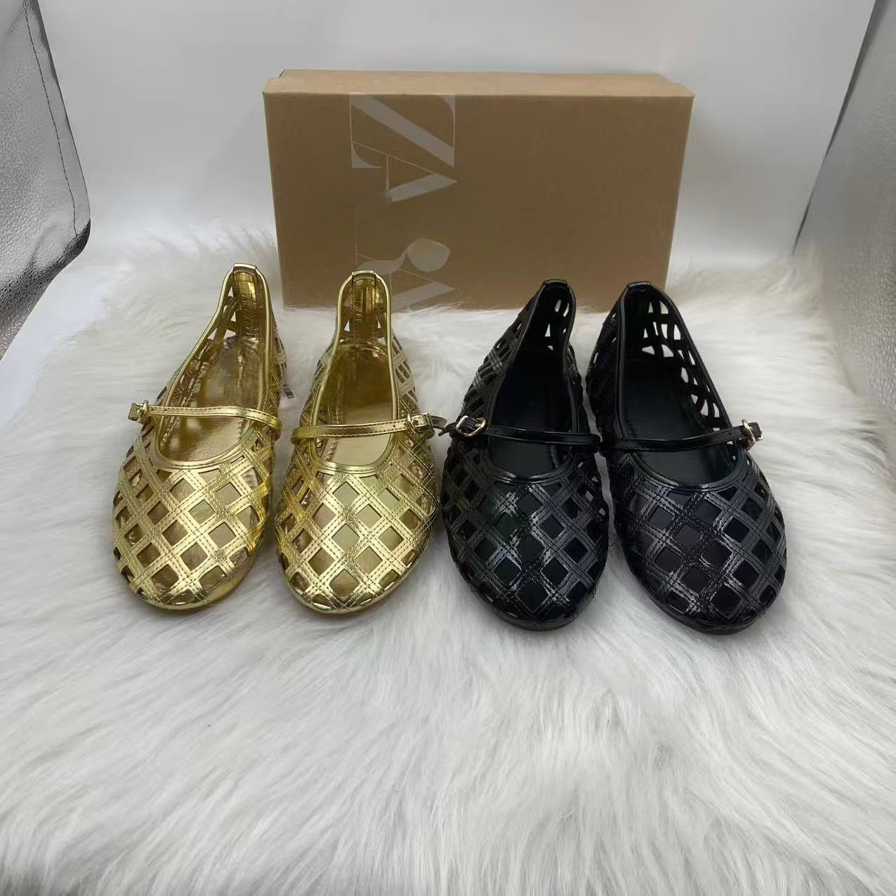 Metallic Laser Cut Cage Mary Jane Ballet Flats | Gold & Black Cut-Out Diamond Lattice Flat Shoes for Women