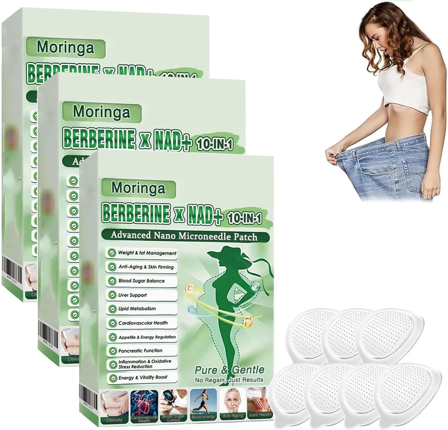 Moringa Berberine NAD+ 10-in-1 Nano Microneedle Patch 3 Pack | Weight Management Blood Sugar Belly Fat Patch