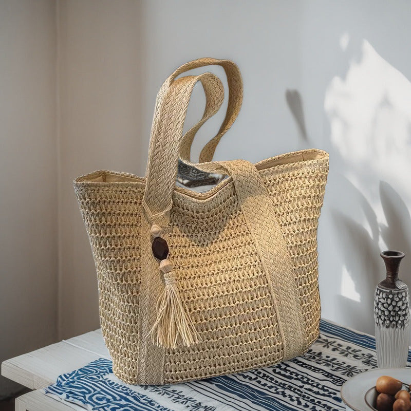 Natural Woven Straw Tote Bag with Tassel | Beach Crochet Shoulder Bag