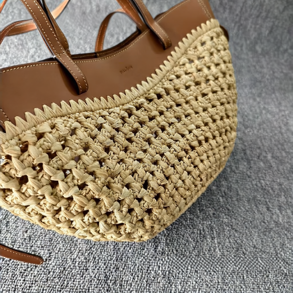 Pol�ne Style Natural Raffia Woven Tote Bag with Tan Leather Trim, Luxury Crochet Straw Market Basket Handbag Women, Boho Summer Beach Shopper, Elegant Vacation Gift