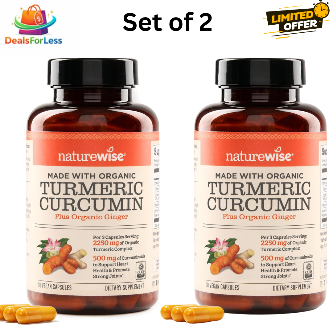 NatureWise Organic Turmeric Curcumin Plus Ginger 2250mg | 90 Vegan Capsules – Set of 2