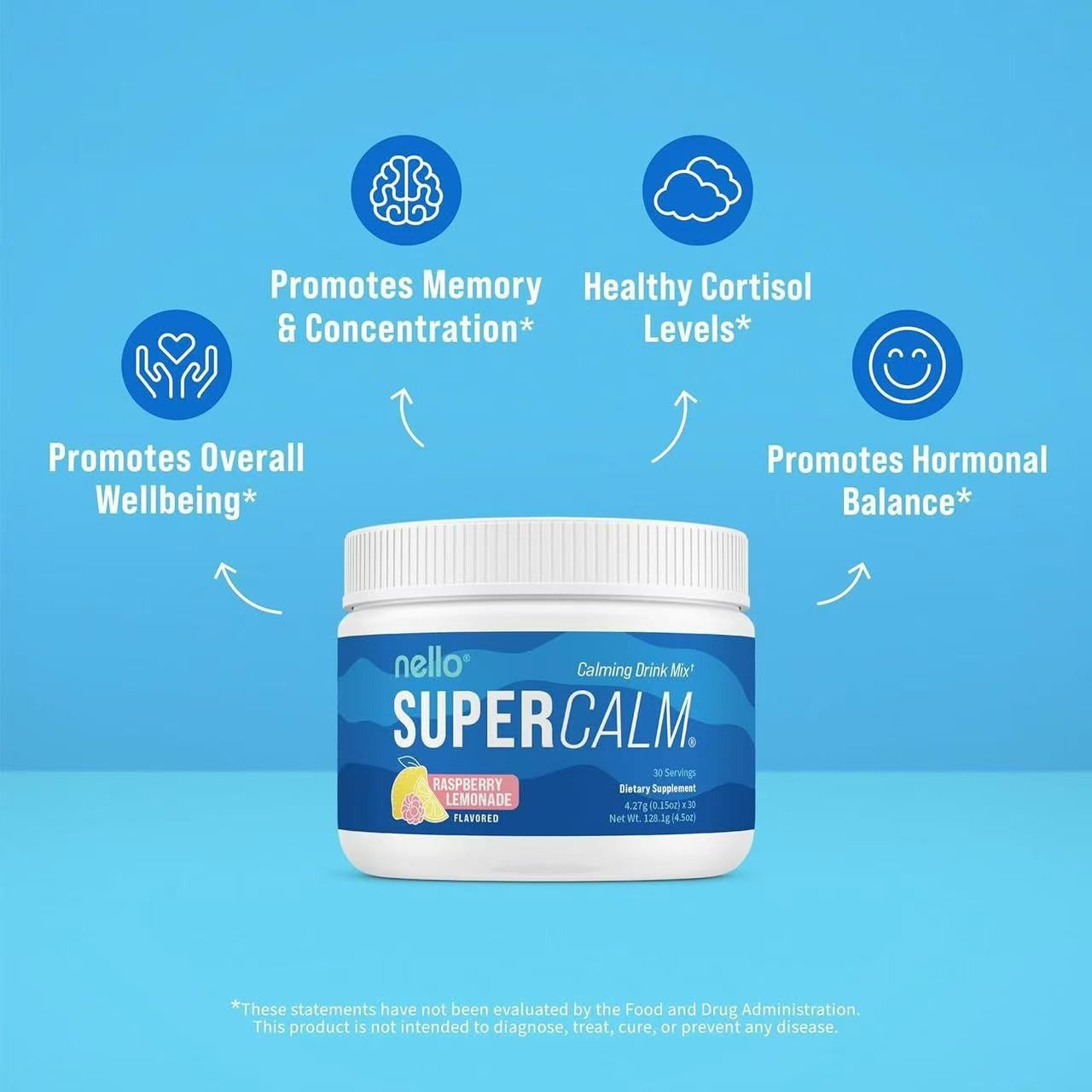 Nello SuperCalm Calming Drink Mix | Raspberry Lemonade Stress Relief Supplement | Memory, Cortisol & Hormonal Balance Support ? 30 Servings