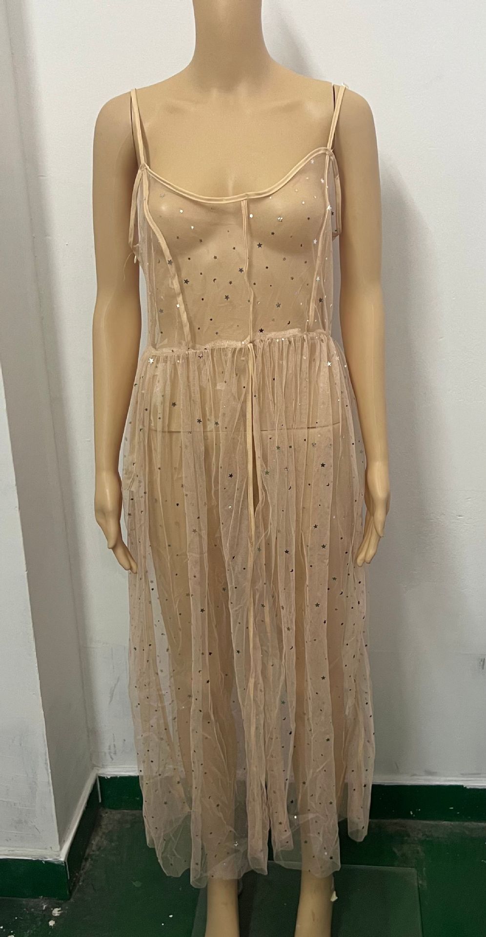 Glitter Star Mesh Maxi Overlay Dress | Sheer Sparkle Spaghetti Strap High Slit | Festival Rave Party See Through Dress Women Multiple Colors
