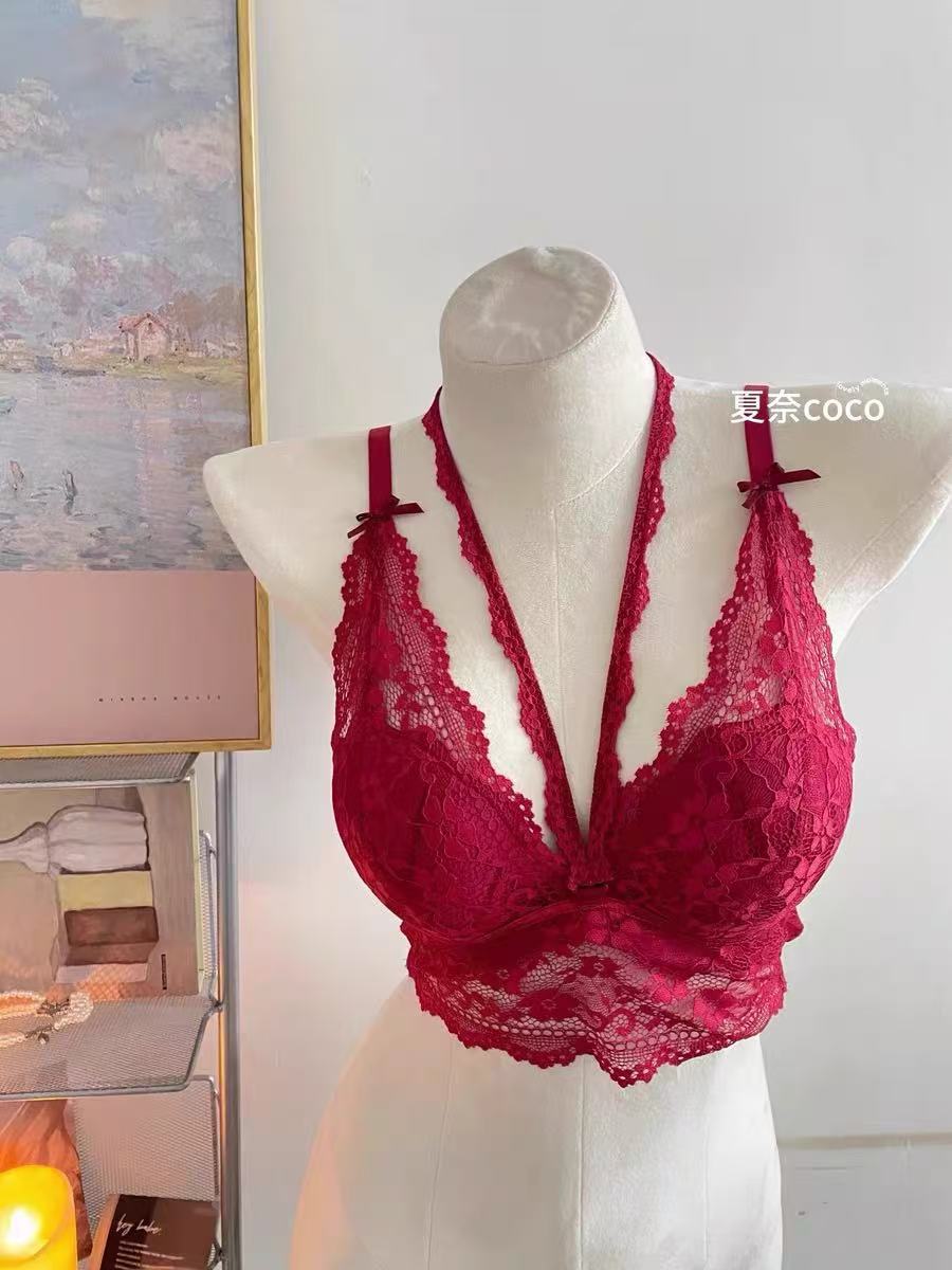 Black Deep Plunge Halter Lace Bralette | Strappy V Neck Wirefree Bra | Women's Sexy Longline Floral Lingerie Bralette