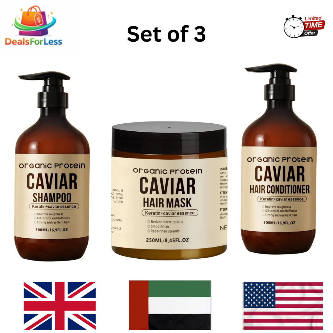 Organic Protein Caviar Hair Care Set of 3 | Keratin Caviar Shampoo Conditioner Hair Mask | Smoothing Repair Hair Treatment UK UAE USA