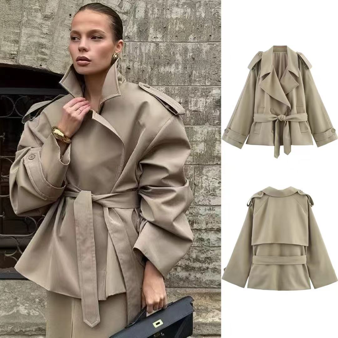 Oversized Khaki Trench Coat Women | Belted Short Trench Jacket with Lapel & Epaulettes | Elegant Outerwear