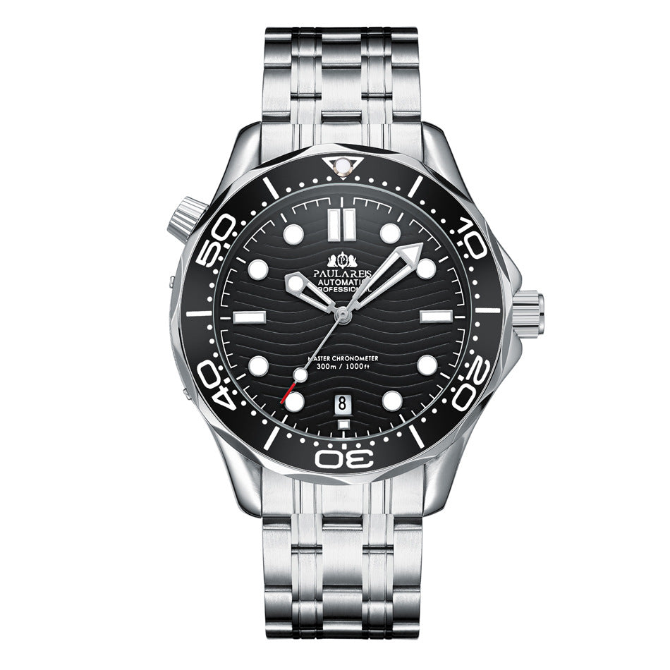 Paula Reis Automatic Professional Diver Watch | Black Dial Master Chronometer 300M | Stainless Steel Bracelet Men's Watch
