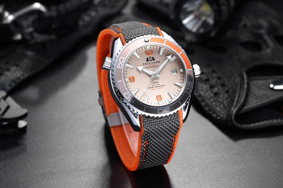 Paulares Professional Men's Diver Watch | Cream Dial Orange Bezel Grey NATO Nylon Strap Master Chronometer Sport Timepiece