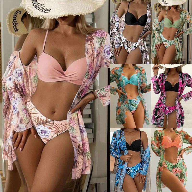 Pink Floral 3 Piece Bikini Set with Kimono Cover Up | Push Up Top High Waist Bottom | Women's Romantic Beach Swimwear