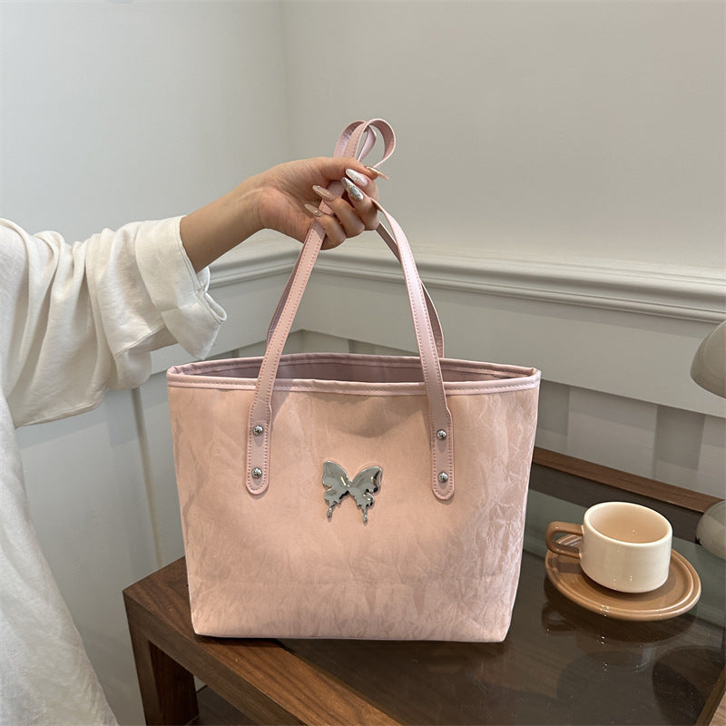 Pink Velvet Tote Bag with Butterfly Hardware - Soft Textured Shoulder Bag | Feminine Everyday Tote