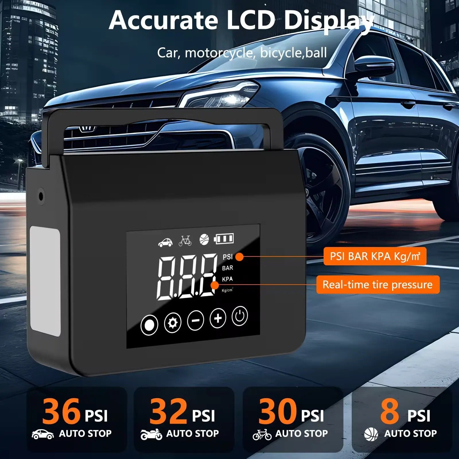 جهاز نفخ إطارات محمول بضاغط هواء مع مشغل للبطارية وشاشة LCD رقمية - مضخة للسيارات والدراجات والكرات بوحدات PSI وBAR وKPA