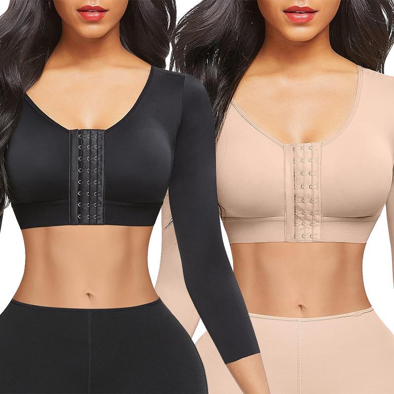 Post Surgery Arm Compression Bra | Front Hook Upper Arm Shaper & Chest Support | Black & Nude Posture Corrector Bra for Women