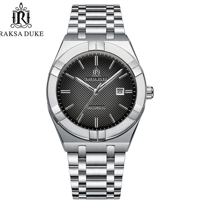 RAKSA DUKE Men's Automatic Watch | Black Textured Dial | Brushed Stainless Steel Bracelet | Self-Winding Mechanical Dress Watch with Date