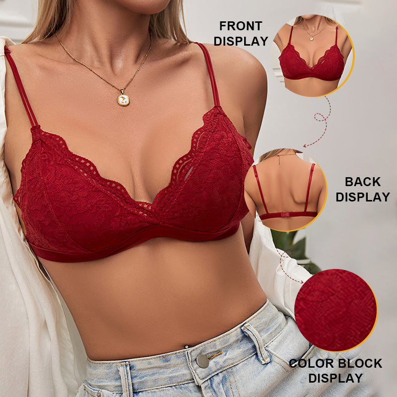 Red Floral Lace Wirefree Bralette | Scallop Edge Triangle Bra | Women's Sexy Everyday Lingerie Bralette
