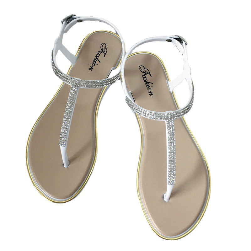 Rhinestone Crystal T-Strap Thong Flat Sandals | White Black Pink Diamante Ankle Strap Beach Sandals for Women