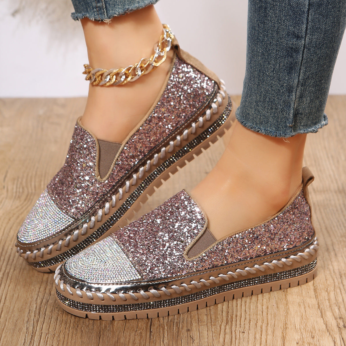 Rose Gold Glitter Rhinestone Platform Slip-On Sneakers for Women | Sequin Sparkle Flatform Loafer Shoes | Crystal Embellished Chunky Sole Casual Shoes | Glamorous Everyday Sneakers