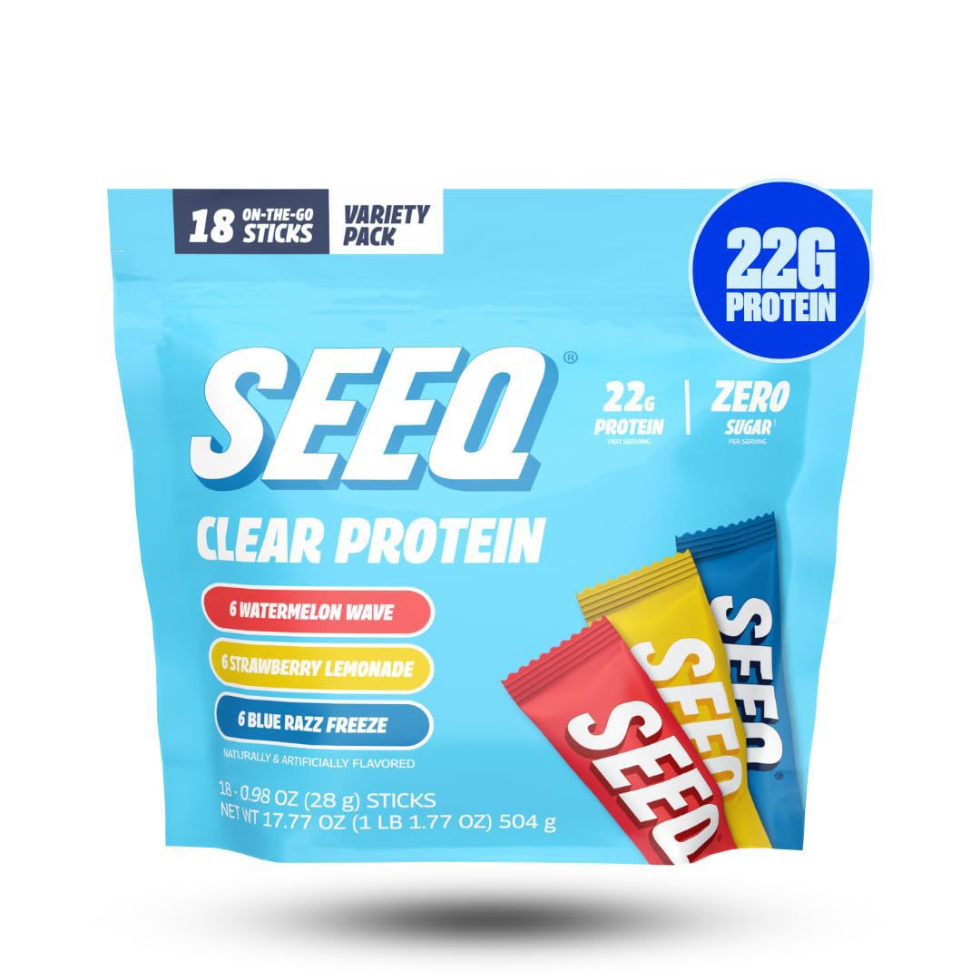 SEEQ Clear Protein Variety Pack 18 Sticks | 22g Protein Zero Sugar | Watermelon, Strawberry Lemonade & Blue Razz
