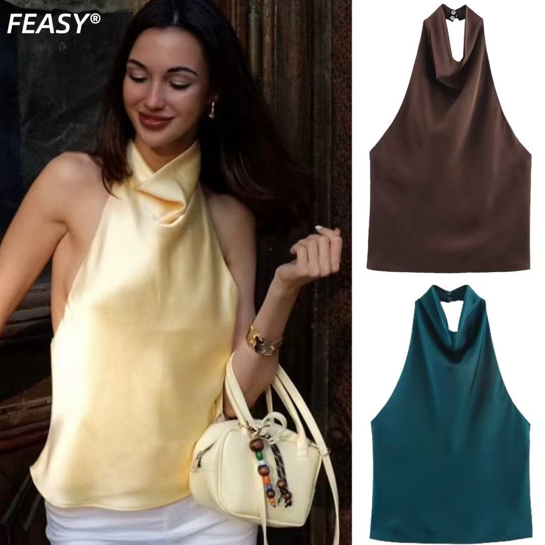 بلوزة نسائية من الساتان بياقة هالتر | بلوزة بدون أكمام مكشوفة الظهر بتصميم منسدل | بلوزة أنيقة تشبه الحرير باللون الأصفر والبني والأزرق المخضر