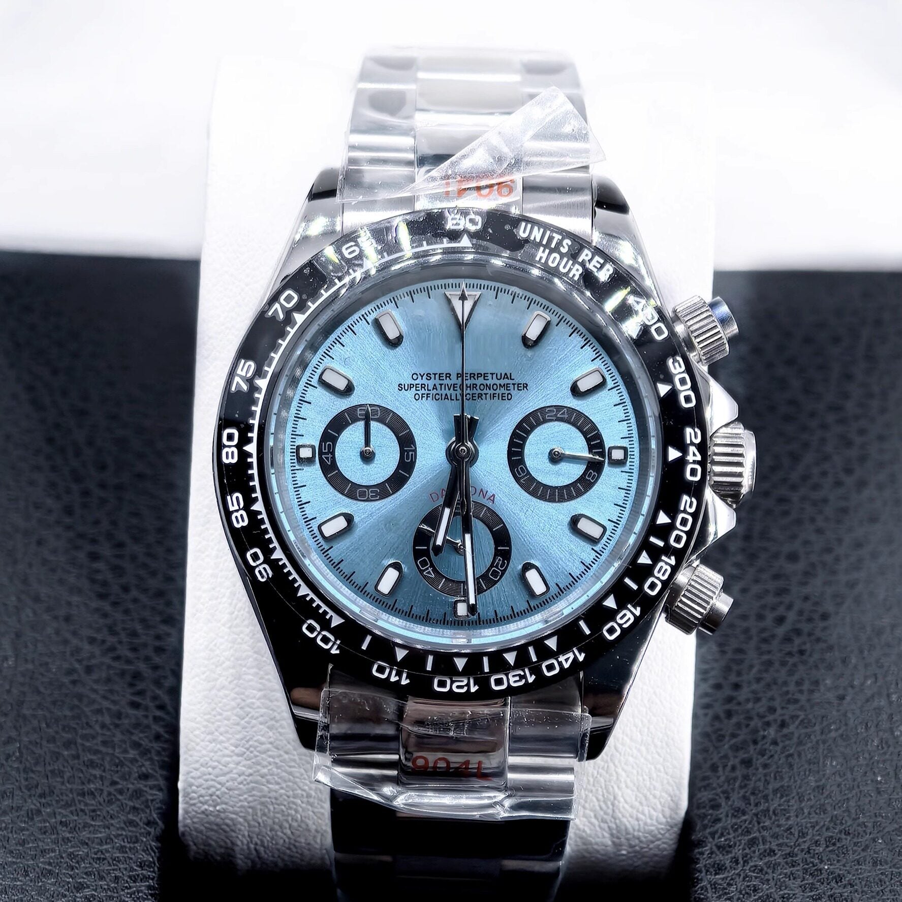 Seiko Ice Blue Chronograph Watch Men | Black Ceramic Tachymeter Bezel | 904L Steel Oyster Bracelet | Triple Sub-Dial Sport Watch