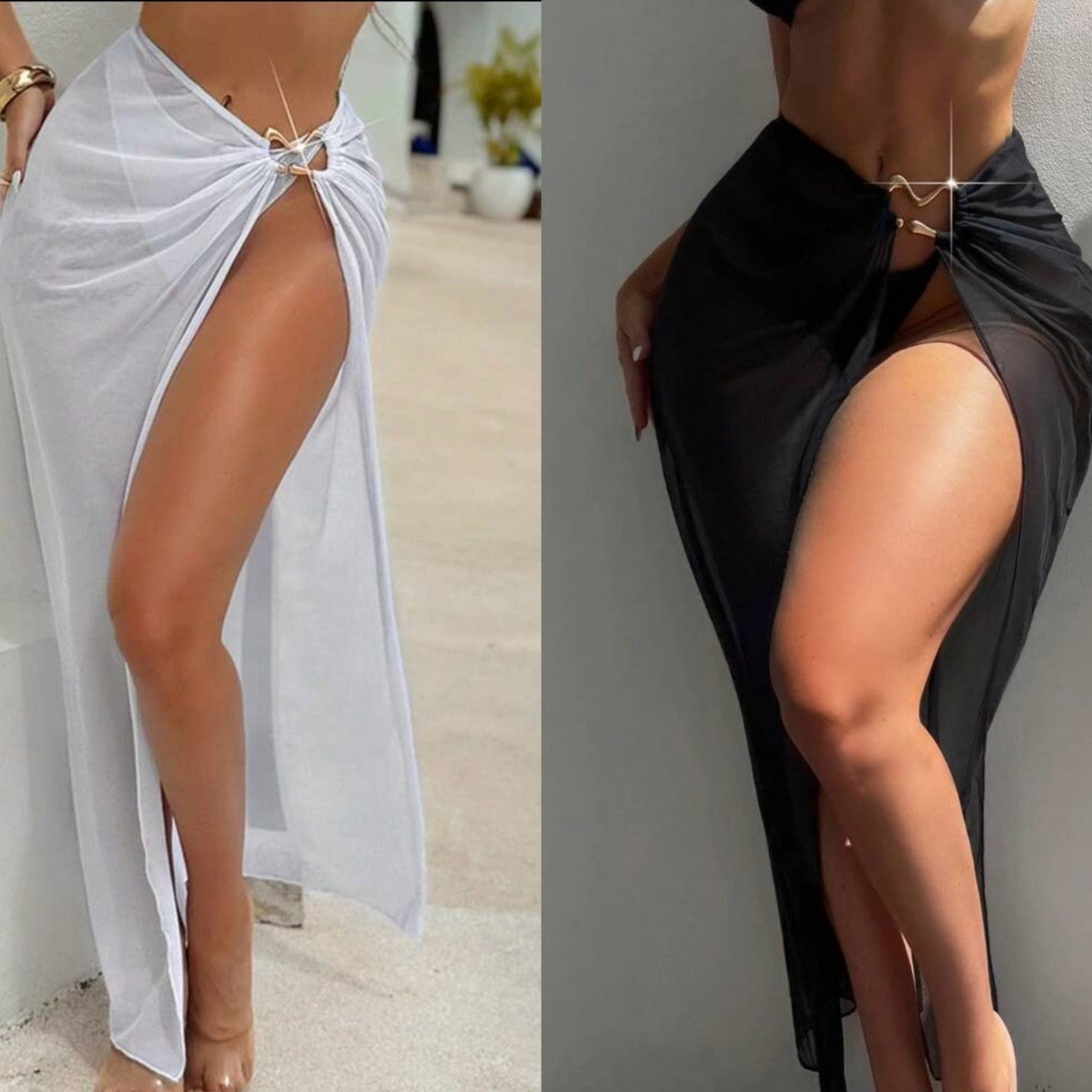 Sheer Mesh Ruched Ring Detail Maxi Skirt Cover Up | High Slit Wrap Sarong | Sexy Transparent Beach Swimwear Coverup Women White Black