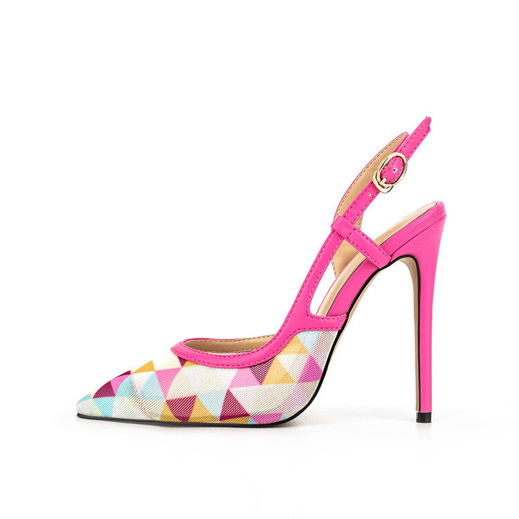 Hot Pink Geometric Print Pointed Toe Slingback Stiletto Heels | Women's Colorful T-Strap High Heel Pumps