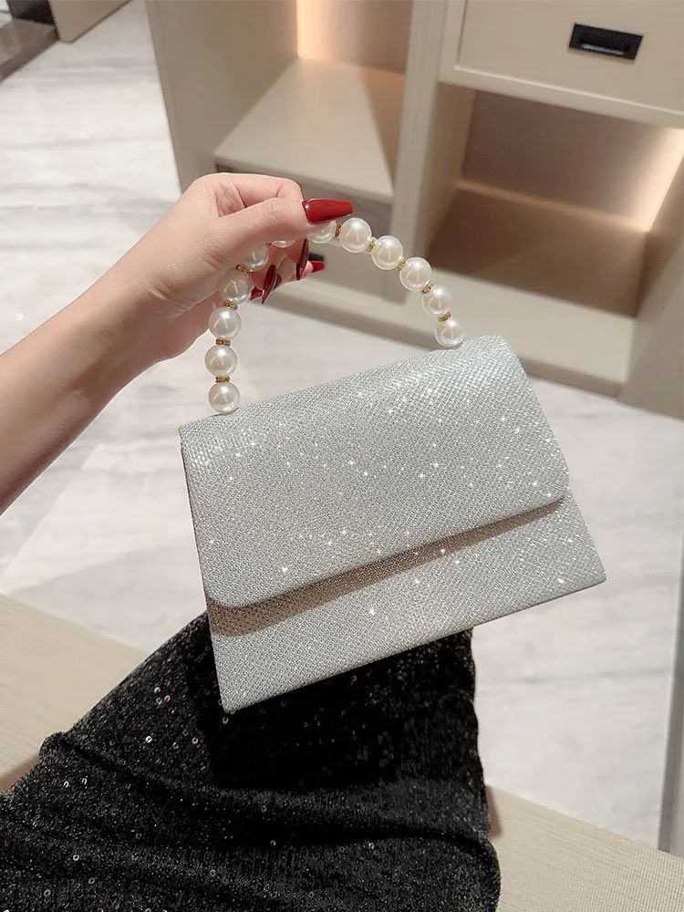 Silver Crystal Rhinestone Evening Clutch Bag with Pearl Handle - Women's Sparkly Wedding Party Purse - Elegant Formal Handbag for Prom, Bridal, Cocktail Events