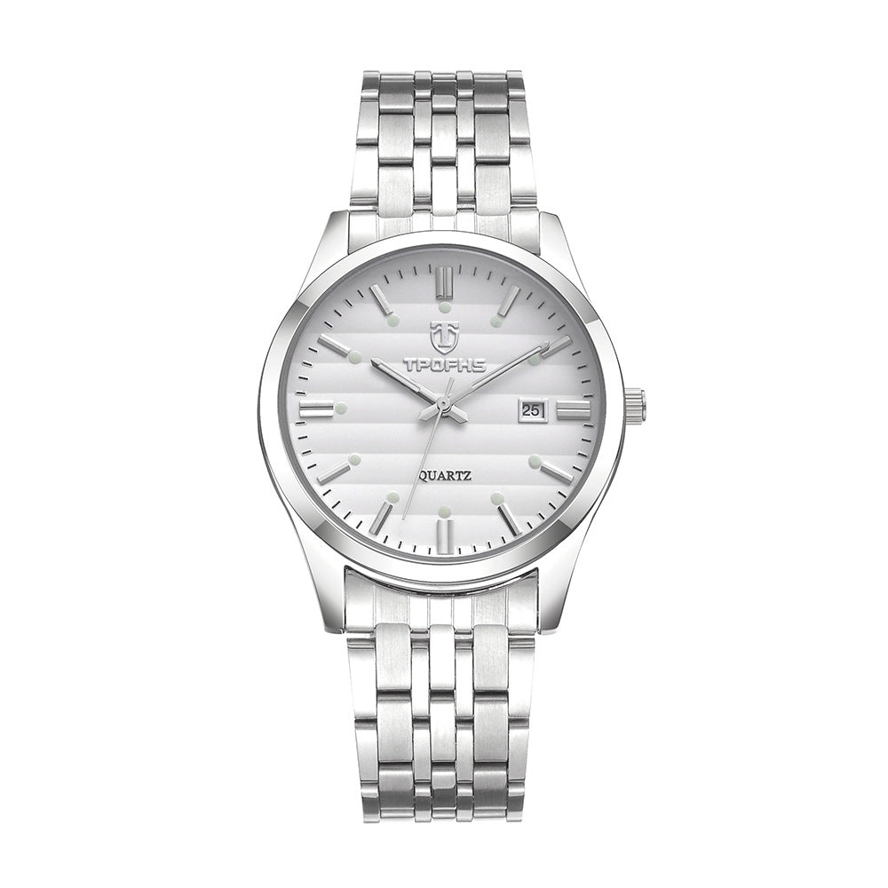 TROFHS Men's Quartz Watch | White Striped Dial | Brushed Stainless Steel Bracelet | Classic Silver Dress Watch with Date Window