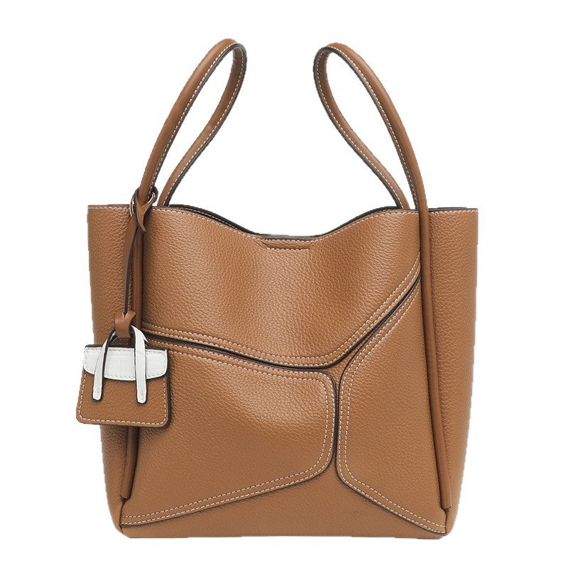 Tan Brown Leather Tote Bag with Front Pocket & Contrast Stitching | Structured Shoulder Bag