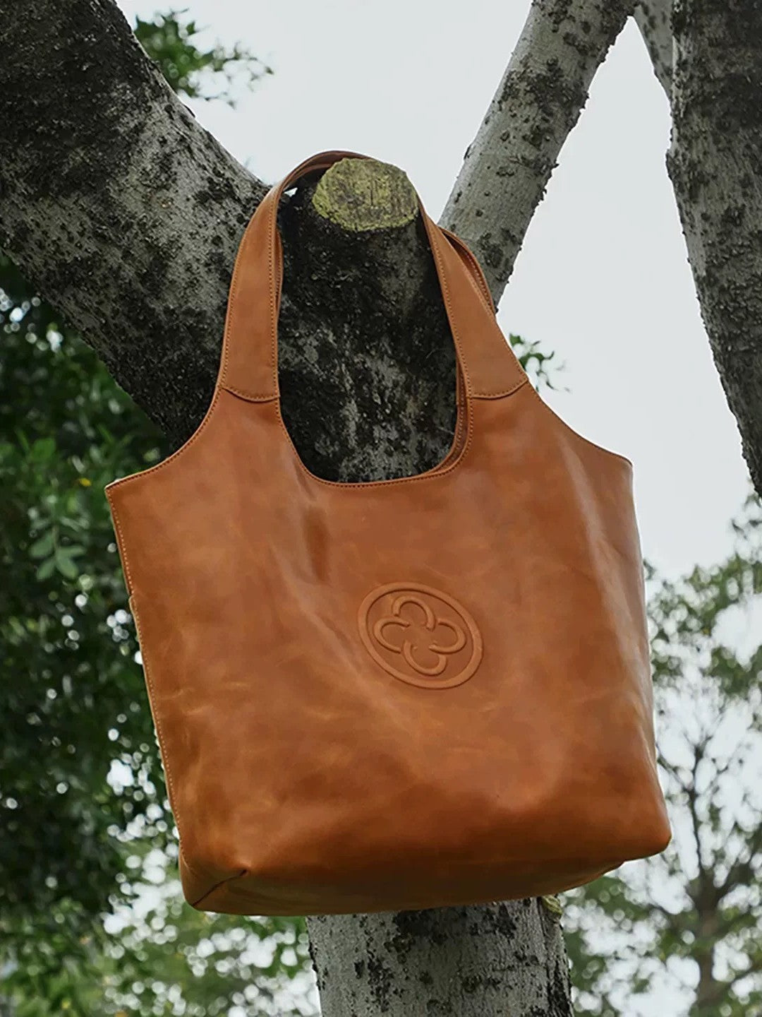 Tan Leather Tote Bag with Embossed Logo | Camel Brown Shoulder Bag