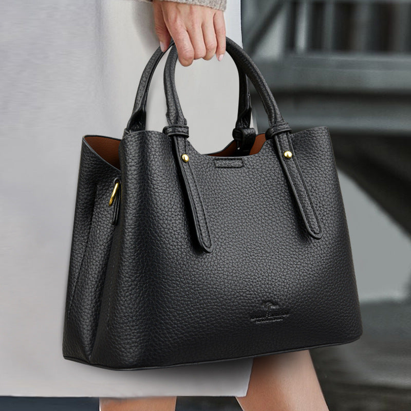 Taupe Pebbled Leather Satchel Bag - Structured Top Handle Tote with Crossbody Strap | Women's Professional Handbag with Gold Hardware