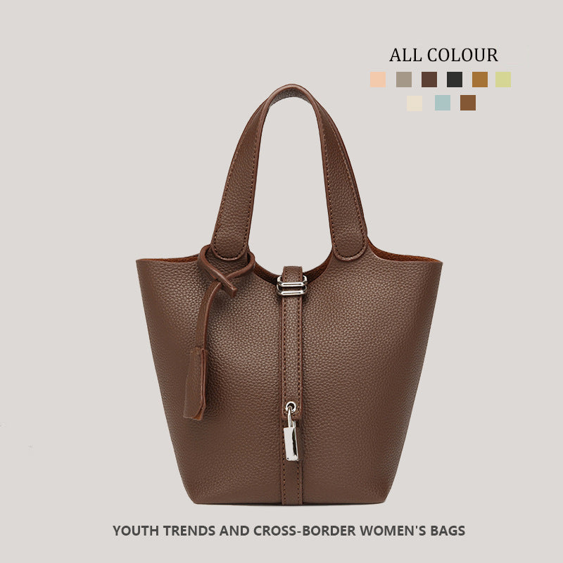 Taupe Pebbled Leather Tote Bag - Structured Bucket Bag with Lock Charm | Women's Everyday Shoulder Bag in Multiple Colors