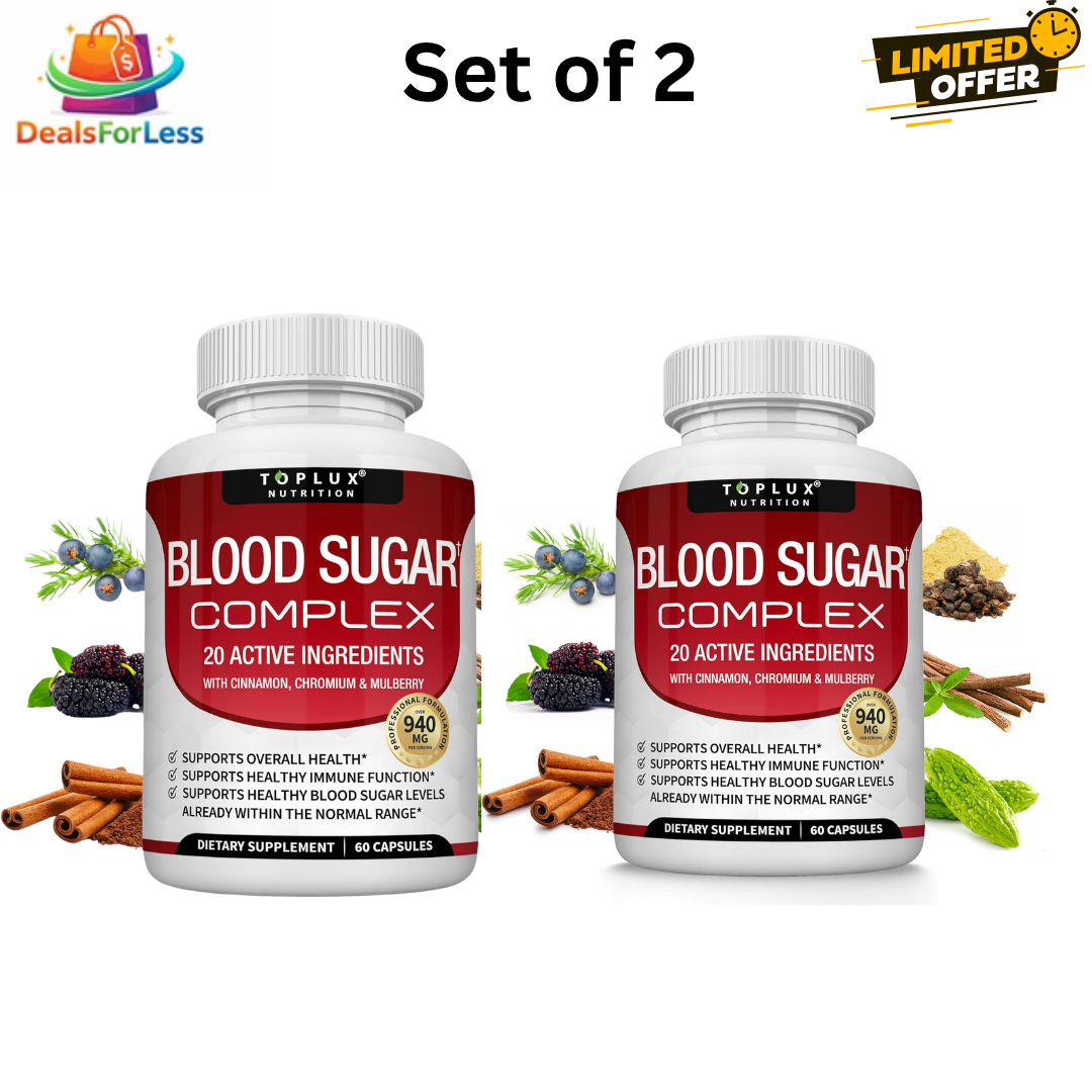 مكمل غذائي توبلكس نيوترشن Blood Sugar Complex عبوة من قطعتين | كبسولات 2 × 60 | 20 مكونًا نشطًا | القرفة والكروم والتوت