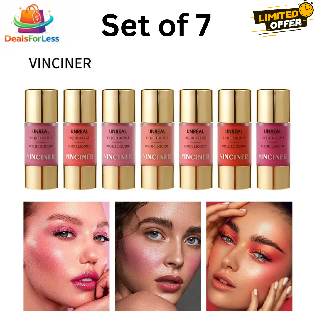 أحمر خدود سائل VINCINER Unreal – مجموعة من 7 ألوان | مجموعة كاملة لتلوين الخدود | تورّد ندي قابل للزيادة لجميع ألوان البشرة – حزمة الألوان الكاملة