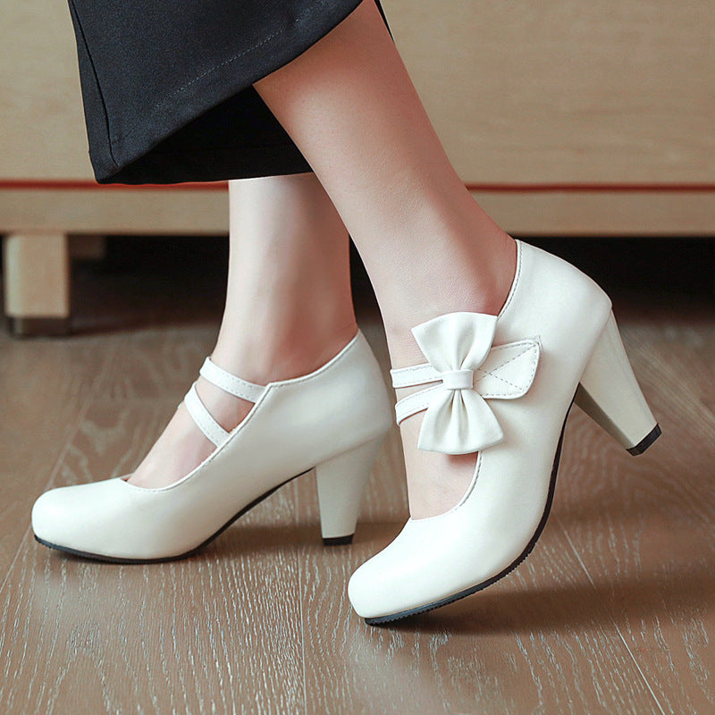 White Bow Mary Jane Block Heel Pumps | Women's Round Toe Ankle Strap Chunky Heel Shoes | Sweet Lolita Bridal Heels