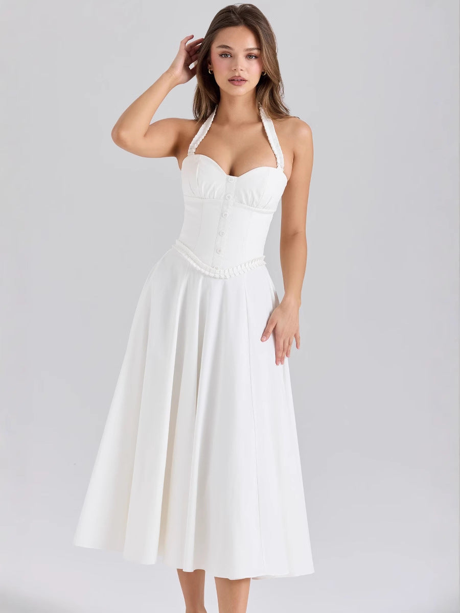 White Halter Corset Midi Dress | Sweetheart A-Line Women Dress
