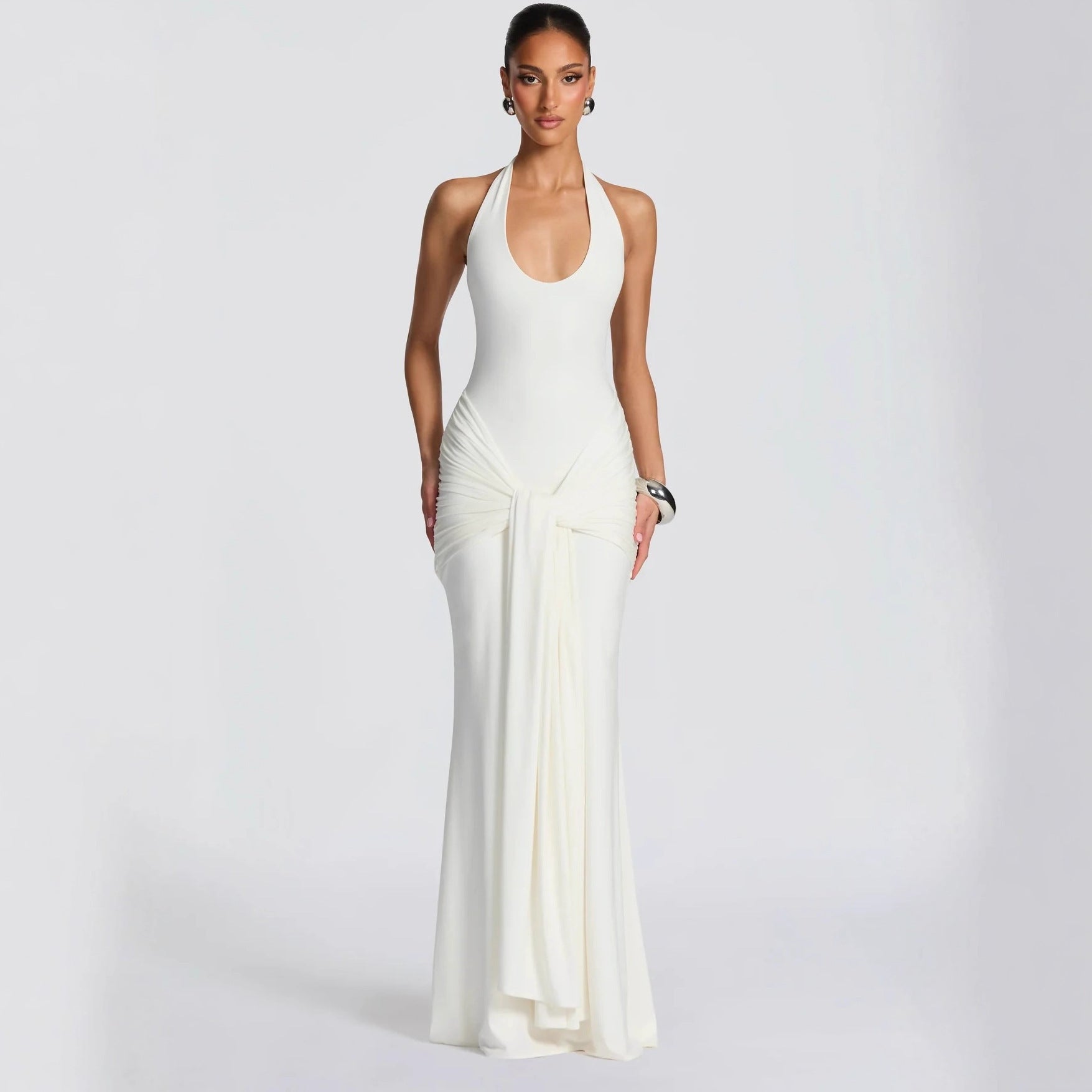 White Halter Neck Maxi Dress | Ruched Twist Front Backless Gown | Elegant Evening Formal Dress for Women