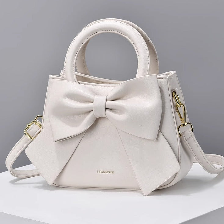 White Leather Handbag with Large Bow Detail | Small Elegant Crossbody Bag