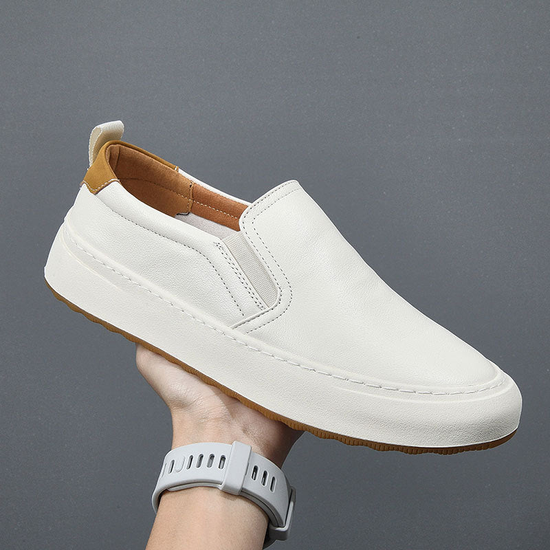White Leather Slip-On Sneakers Men Casual Loafers Elastic Panel Gum Sole Minimalist Flat Shoes