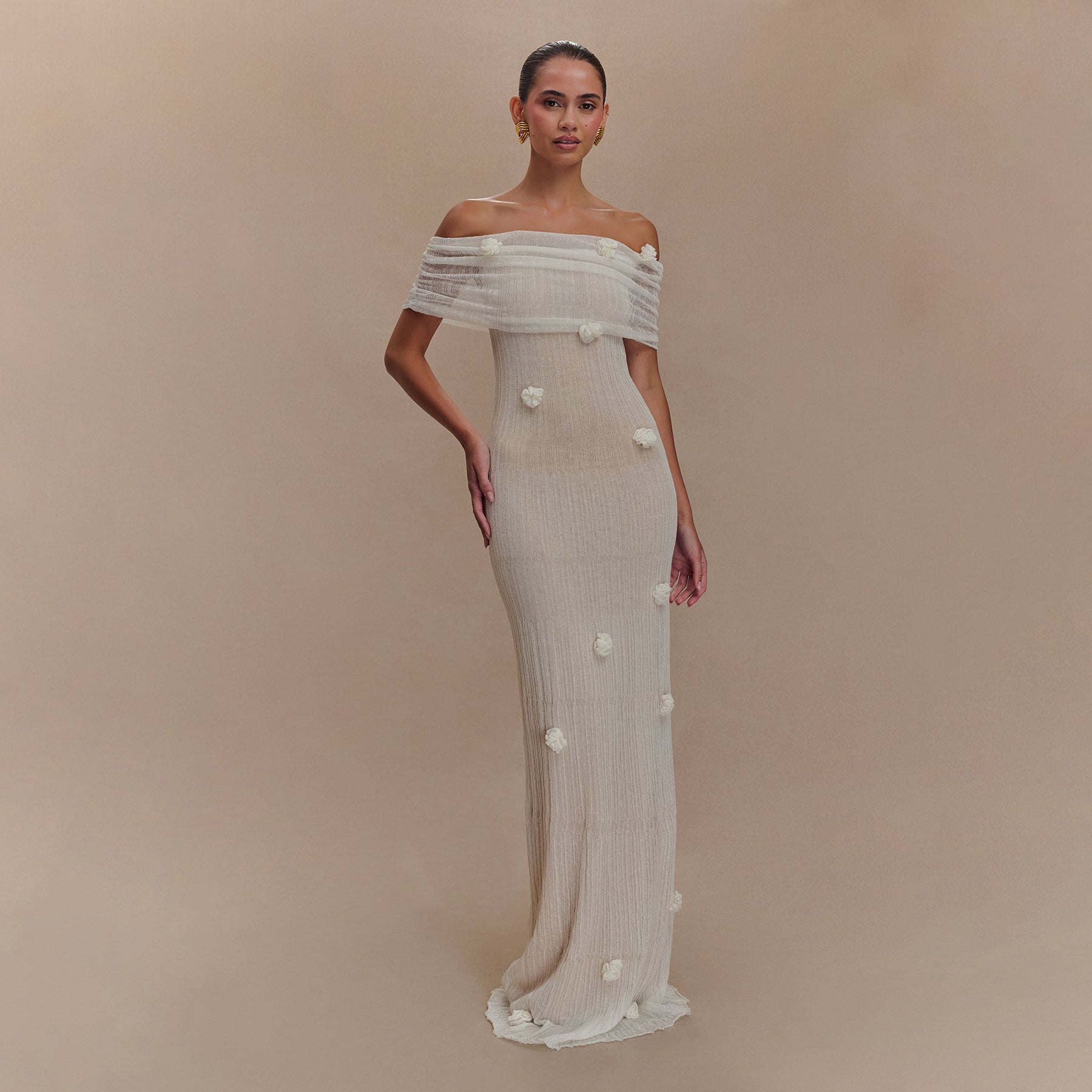 White Off-Shoulder Pleated Maxi Dress | 3D Floral Appliqu� Bridal Gown | Women's Luxury Formal Evening Dress