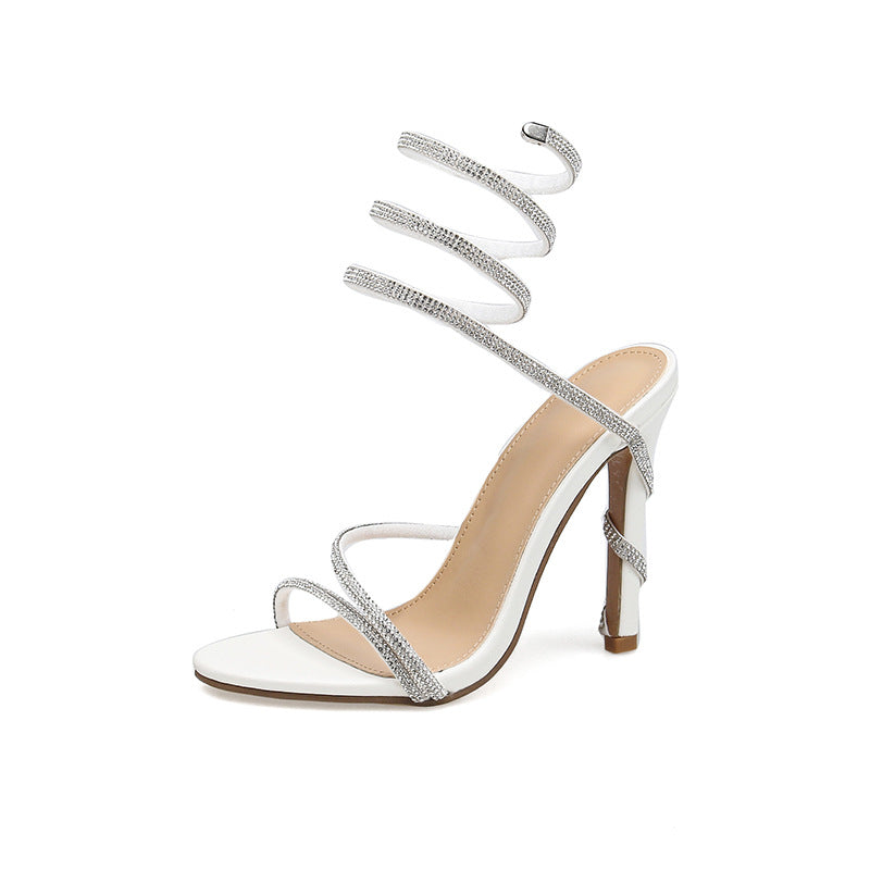 White Satin Crystal Rhinestone Spiral Wrap-Around Ankle Stiletto Sandals with Fully Embellished Straps | Luxury Bridal Evening Heels for Women