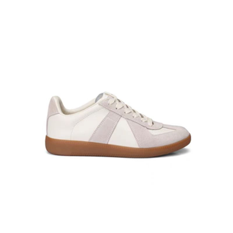 White Suede Panel Retro Low Top Sneakers with Gum Sole | Cream Leather Lace-Up Vintage Trainer Shoes | Replica Style Unisex Casual Sneakers | Quiet Luxury Everyday Gum Sole Shoes